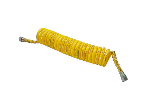 Spiralslange PU 4,5m  gul - Stræk l/ 5,5 m. arbejds L/4,5  m.   - 24 små viklinger, M16 x 1,5