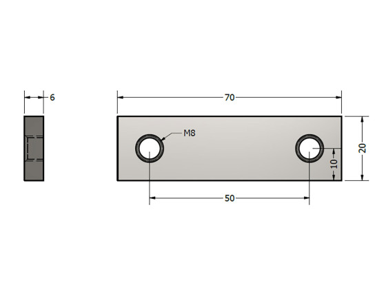 Gevindplade 70x20mm cc50mm M8x2 rustfri - Gevindbrik