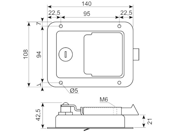 Smæklås med nøgle og pakning rustfri 140x108mm nøgle CH501
