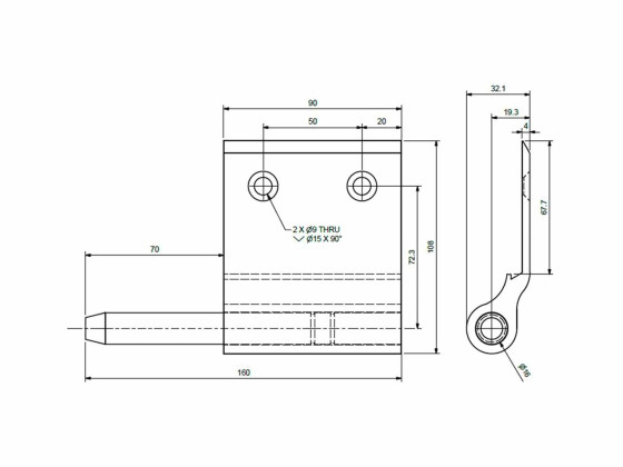 Hængsel alu H 160/90mm m/tap  - Hængselprofil B1147