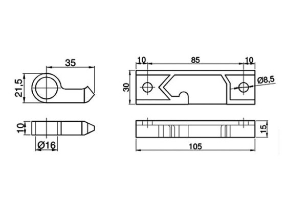Gaffel og fodstykke for Ø15mm rør rustfri - Sættet består af  - 2 stk gafler med Ø16mm hul - 1 stk fodstykke højre - 1 stk fodstykke venstre