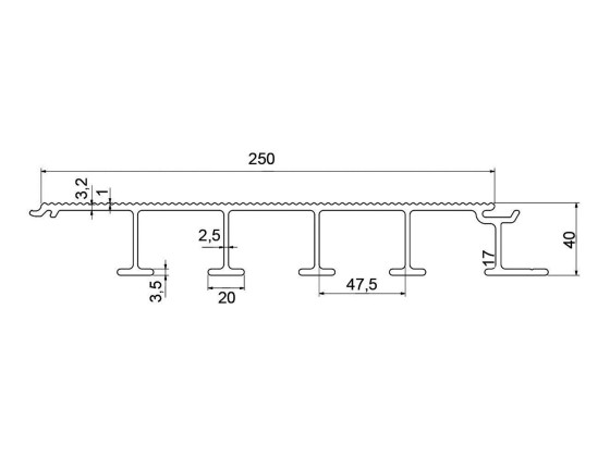 Bundprofil 40x250x2500mm Low-Noise 07 - EN AW 6082-T6 - Længdetolerance +/-2mm