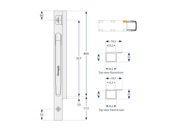 Forstolpe K20 400mm alu ventstre boltmonteret - Kinnegrip 204302-B