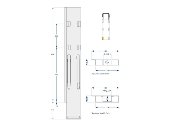 Bagstolpe K20 800mm alu bred dobbel venstre 2-port - Kinnegrip 208902