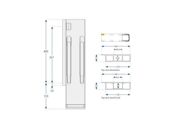 Bagstolpe, venstre, b.e.K20 400 mm - Alustolpe. Anod.