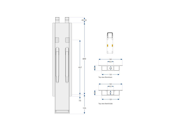 Sidestolpe m/top K20 600 mm - Alustolpe. Anod.