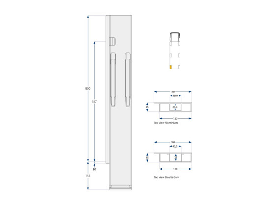 Bagstolpe K20 800mm alu bred enkel venstre 1-port - Kinnegrip 208742