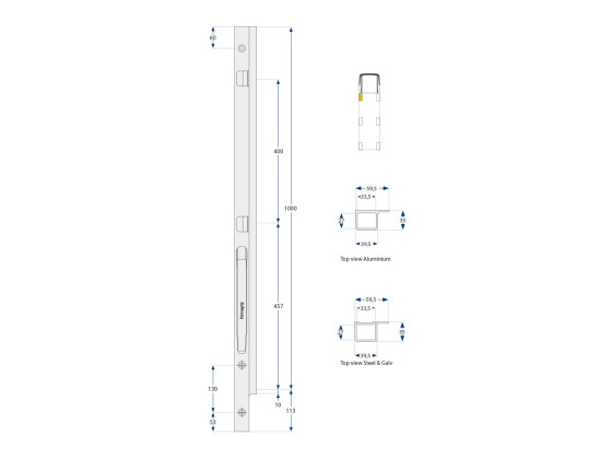 Forstolpe K20 1000mm galv. højre boltmonteret - Kinnegrip 210403-B