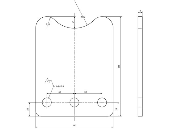 Konsolplade 140x180x8mm 3-hul 3xø16,5 rå