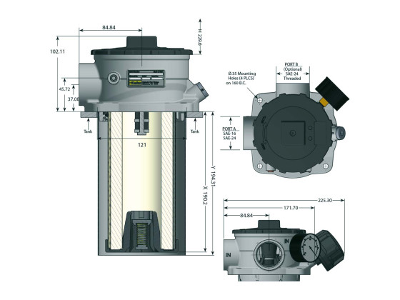 Returfilter tankmont GLF21 450mm 250l/min u/filter - Parker GLF21 10QI B LP