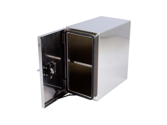 BevoBox rustfri værktøjskasse sidehængslet m/hylde - L330xH600xD600