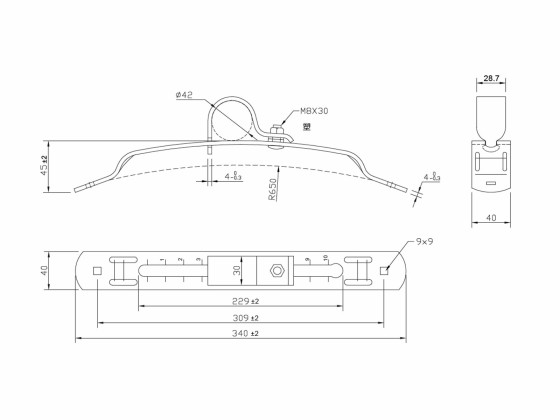 Skærmbeslag, justerbar Ø42mm - Med bræddebolte, skiver og låsemøtrikker