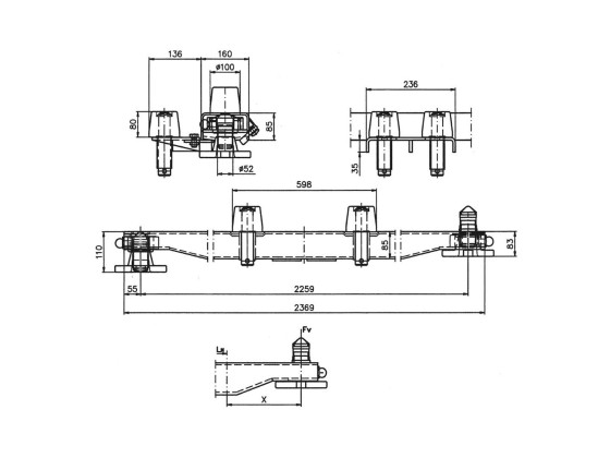 Containerbom m/holder & 2 ruller H:85mm rå - Schneider 410.078.500