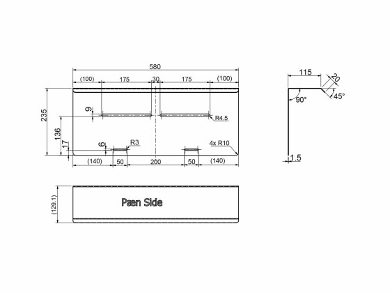 Beslag for baglygter, rustfri 580x235mm