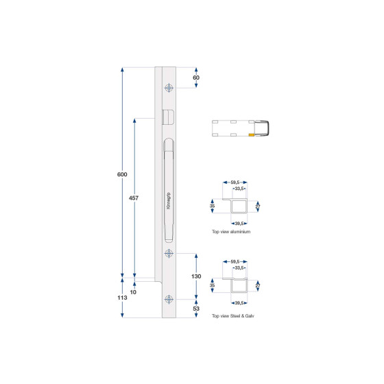 Forstolpe K20 600mm alu højre boltmonteret - Kinnegrip 206402-B