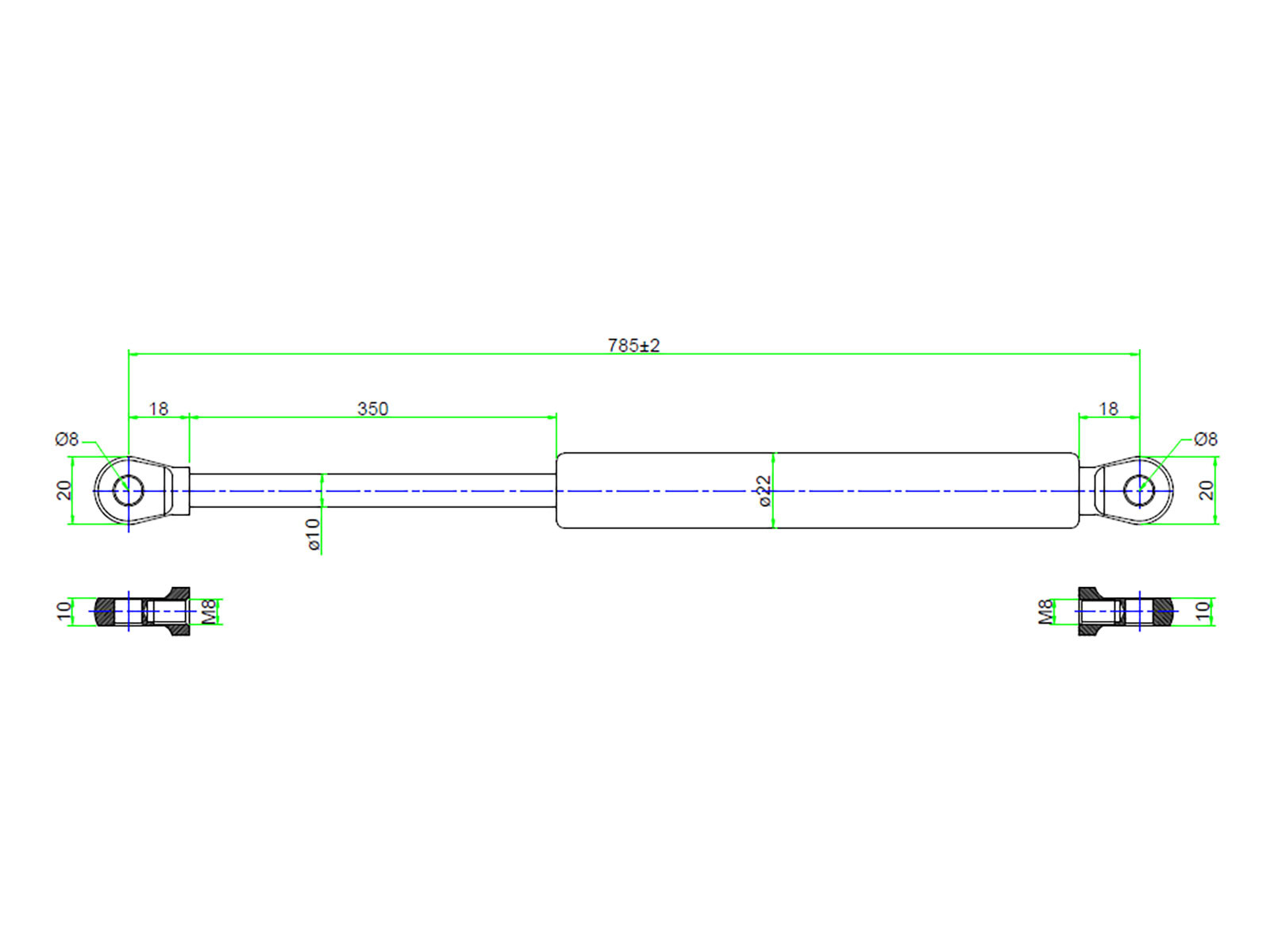 Gassdemper 500N 585mm m/M8 kule - 1001081