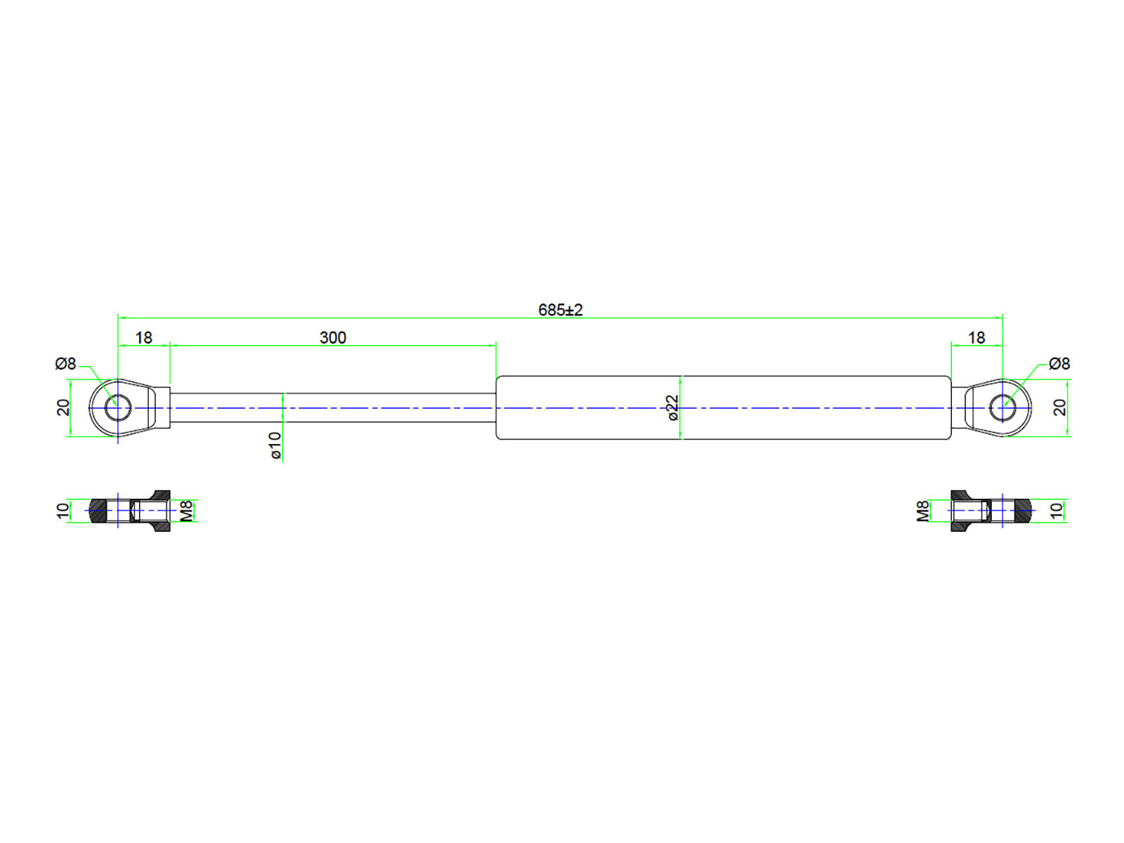Gassdemper 800N, 785mm m/8mm øyer - 1001059