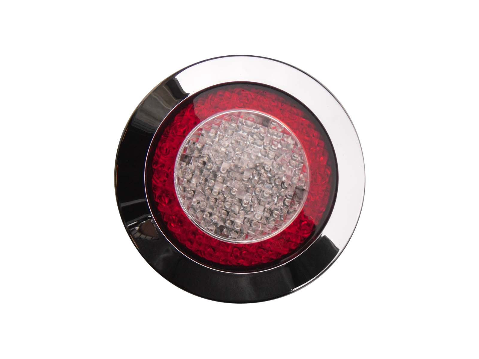 Baglygte LED 24V, m/krom kant, 2500mm kabel, Jokon - Blink, stop og baglygte  - Linse i 2 farver - rød og klar - Ø155mm, indb Ø114mm - 2500mm kabel - IP67 - E1 2130