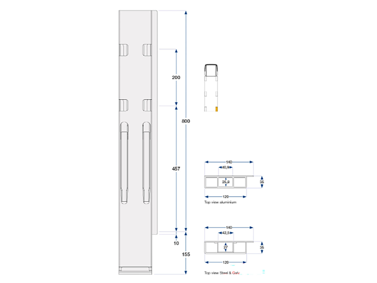 Bagstolpe alu højre, b.d. K20 800 mm. 2-port. - Alustolpe. Anod.