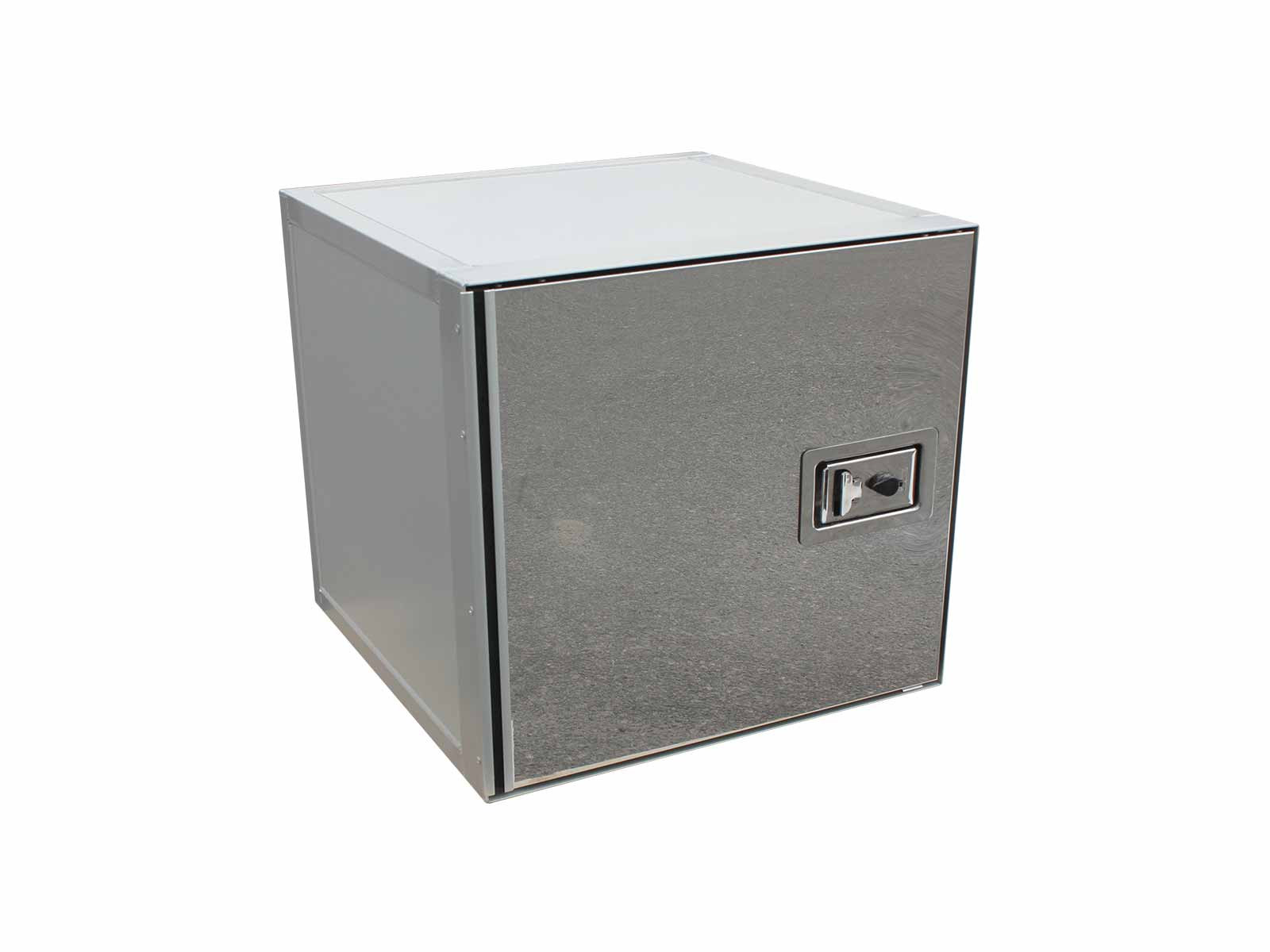 Finer kasse 600x600x600 sidehængt - Bevofront låge i rustfri ( uden alu-omramning) - beklædt med alu top, bund og gavle  - 1 stk. udluftning, leveres løst med.