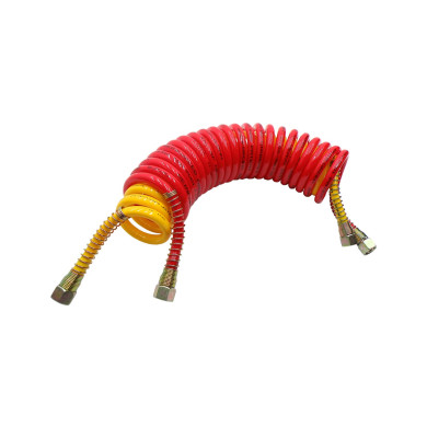 Spiralslange PU 4,5m gul/rød dobbel  - Stræk l/ 5,5 m. arbejds l/4,5  m.   - 24 viklinger kort  ende