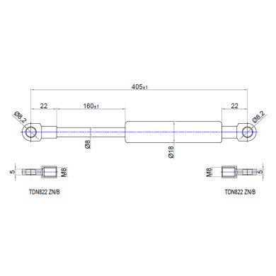Gasfjeder 200 N, 405/160 mm - med sorte øjer 8,5mm i  begge ender