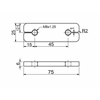 Gevindplade f/350083,350084 - 75x25x6 mm. m/ 2 huller,  M8  - Rustfri