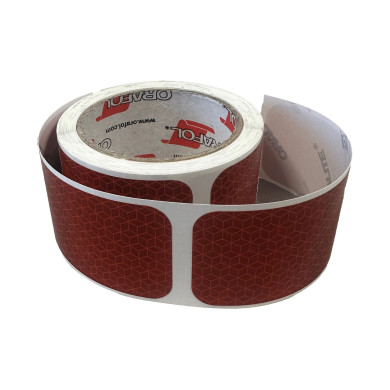 Refleksbånd rød 10m med ca. 62 stickers - ECE104 - til tankbiler og lign. - længde pr. sticker er 16cm